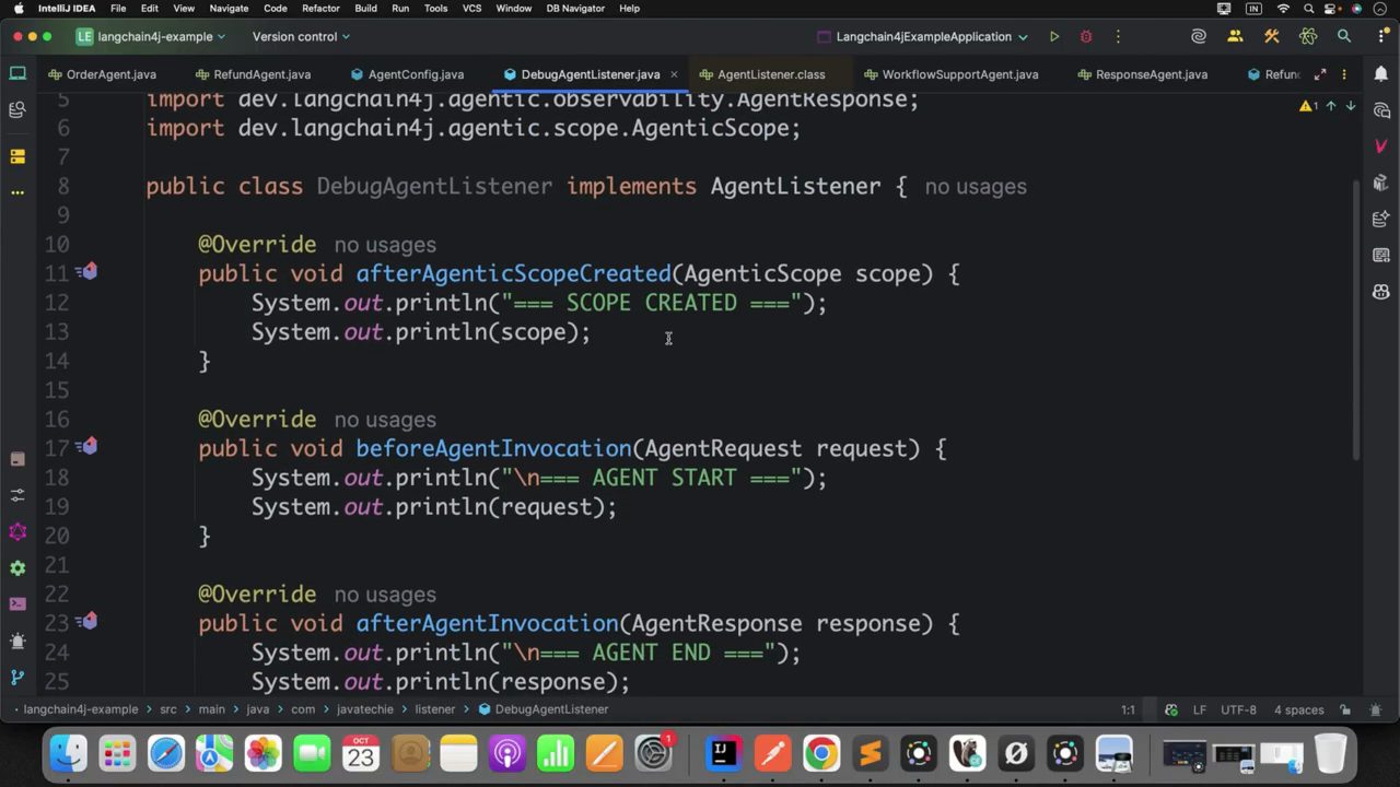 DebugAgentListener.java implements AgentListener với afterAgenticScopeCreated in SCOPE CREATED, beforeAgentInvocation in AGENT START, afterAgentInvocation in AGENT END