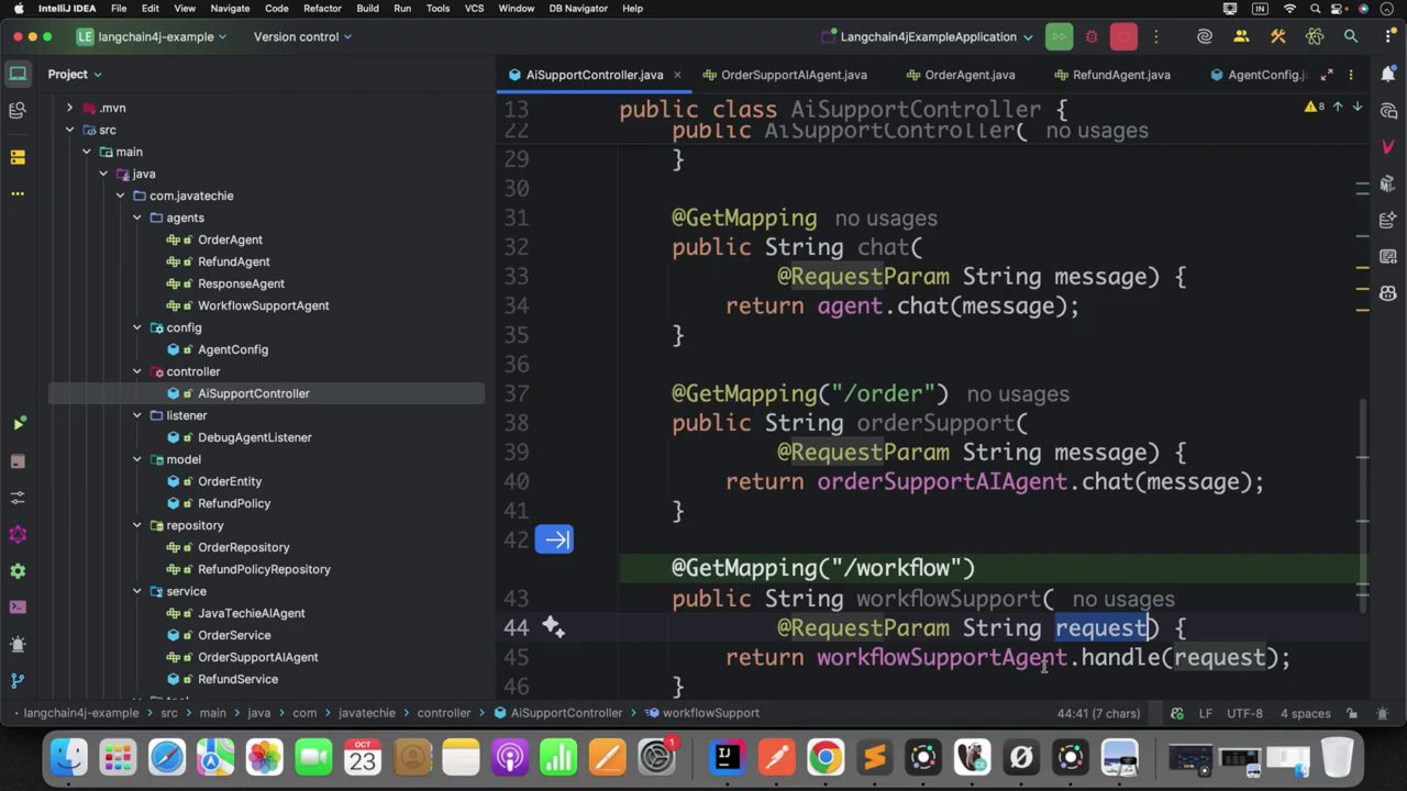 AiSupportController.java: ba endpoint chat, /order và /workflow; /workflow gọi workflowSupportAgent.handle(request)