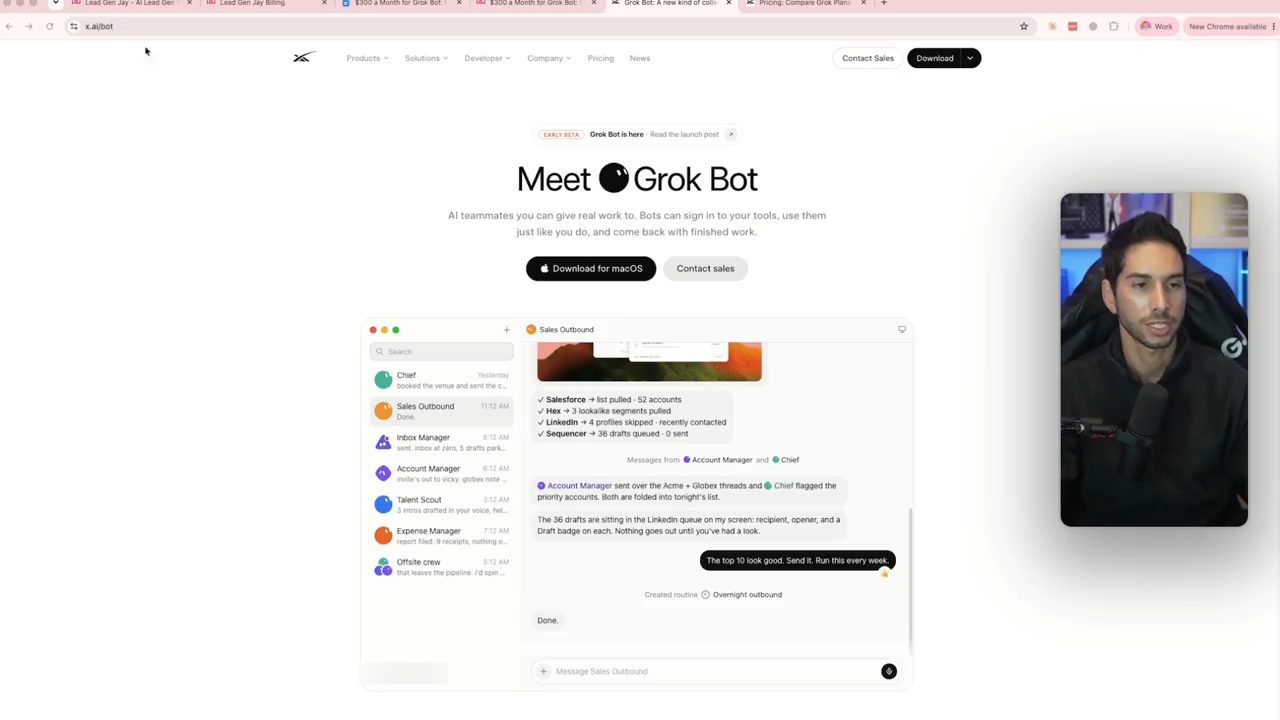 Trang x.ai/bot với tiêu đề Meet Grok Bot và ảnh minh hoạ app gồm danh sách bot bên trái và cuộc trò chuyện Sales Outbound