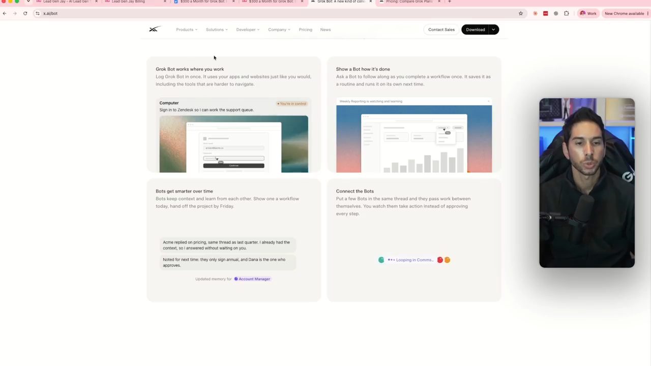 Bốn ô tính năng trên trang Grok Bot: works where you work, show a Bot how it's done, smarter over time, connect the Bots