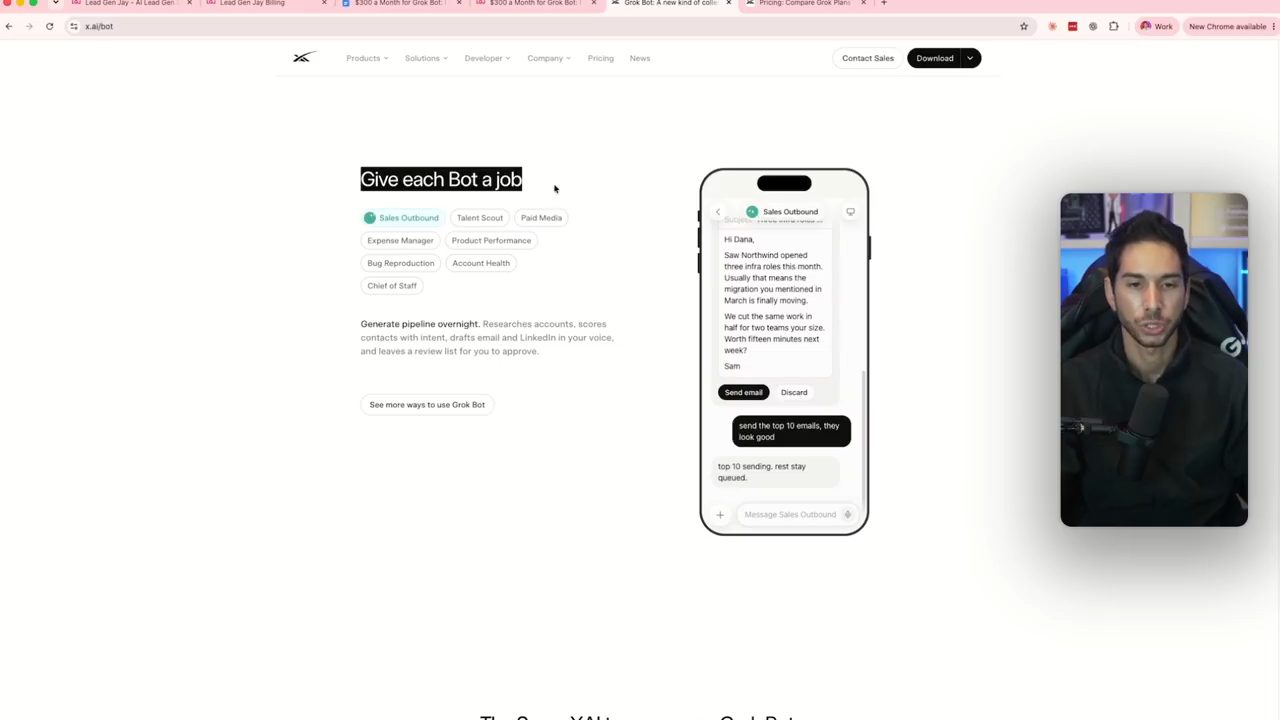 Phần Give each Bot a job trên trang Grok Bot với các vai trò và ảnh điện thoại hiển thị bot Sales Outbound soạn email