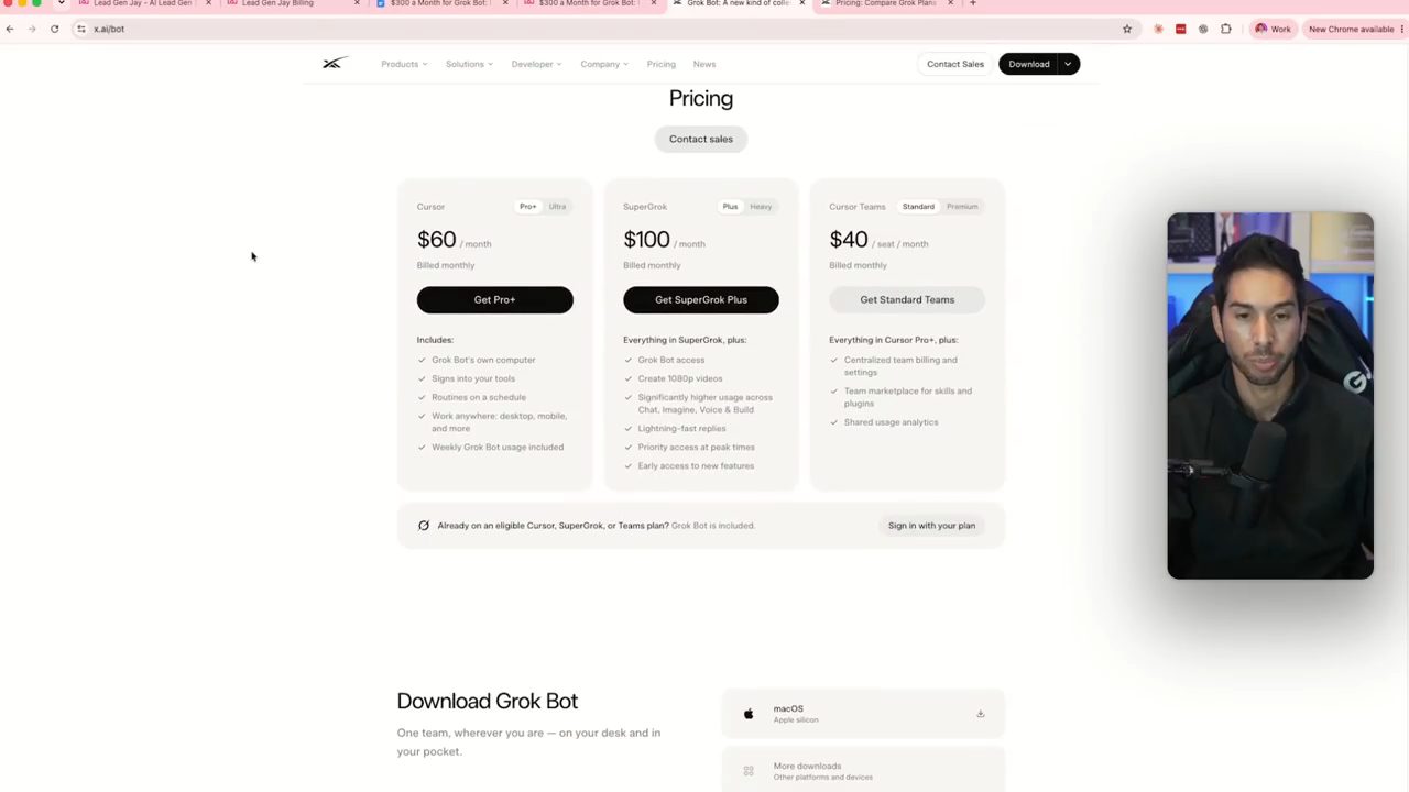 Bảng giá trên trang Grok Bot: Cursor 60 USD, SuperGrok 100 USD, Cursor Teams 40 USD mỗi seat
