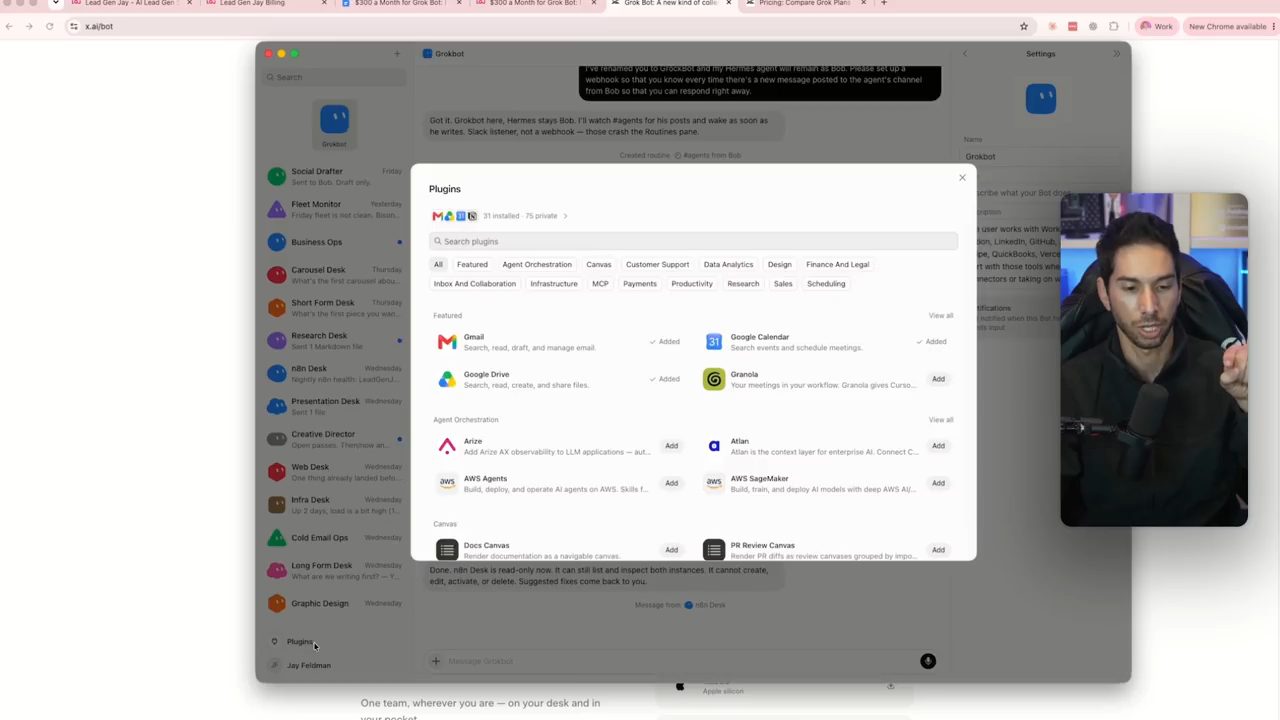 Hộp thoại Plugins trong app GrokBot với các nhóm Featured, Agent Orchestration, Canvas và danh sách bot bên trái