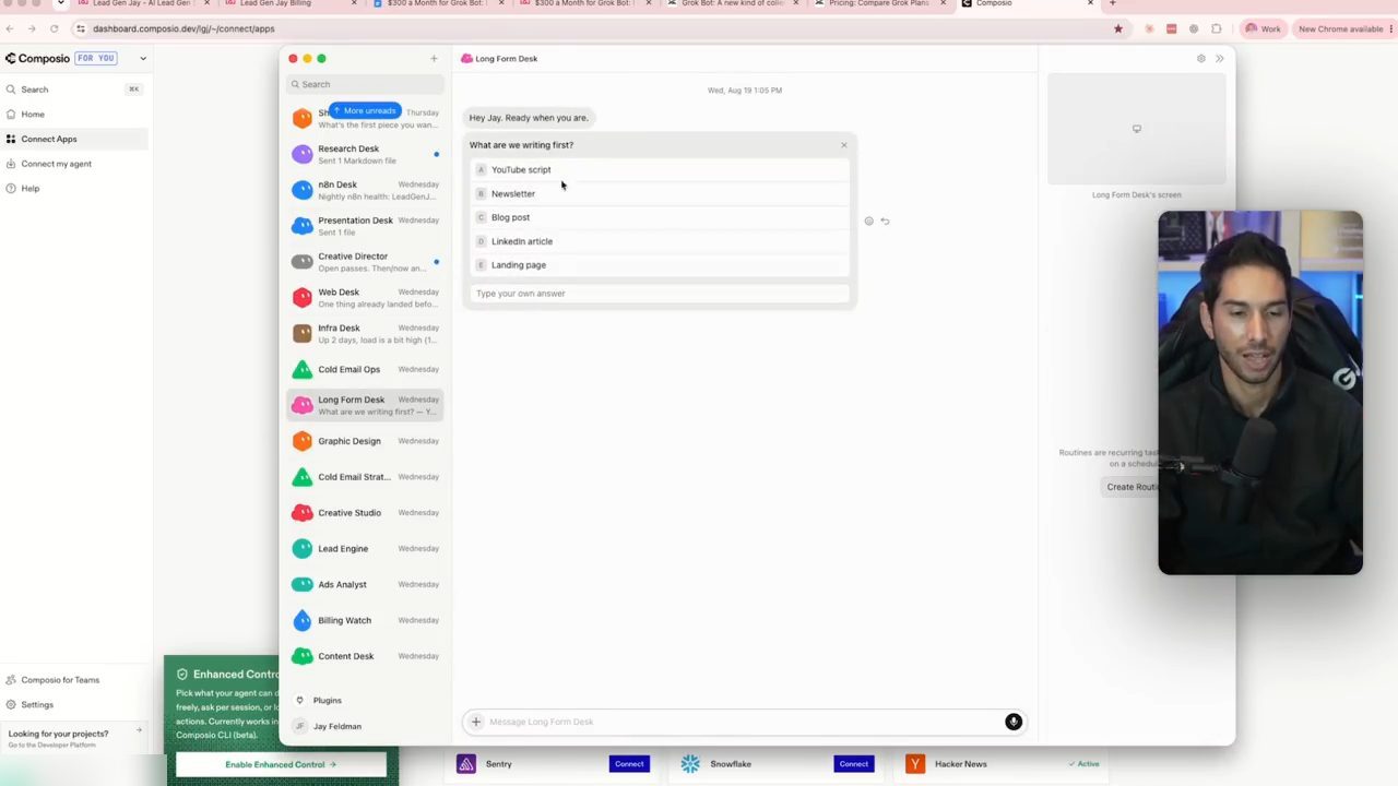 Bot Long Form Desk trong GrokBot hỏi What are we writing first với các lựa chọn YouTube script, Newsletter, Blog post, LinkedIn article, Landing page