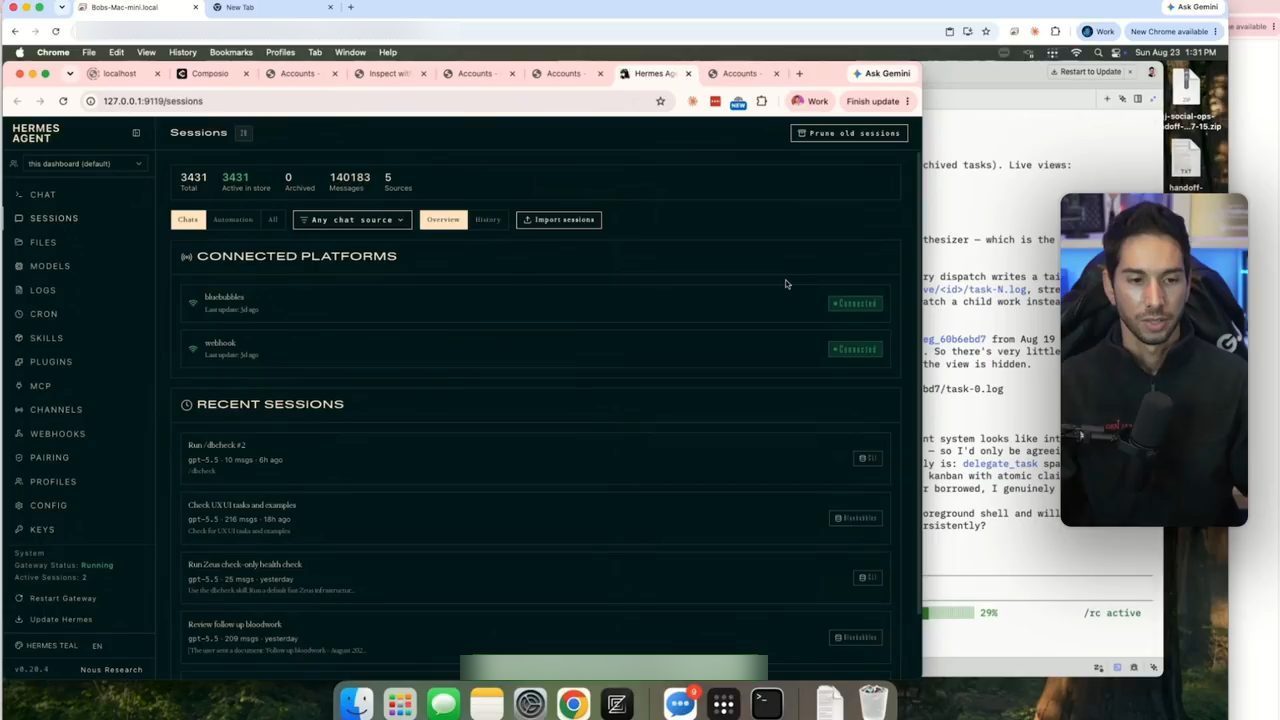 Dashboard Hermes Agent chạy cục bộ: trang Sessions với số phiên, các nền tảng đã kết nối và danh sách phiên gần đây