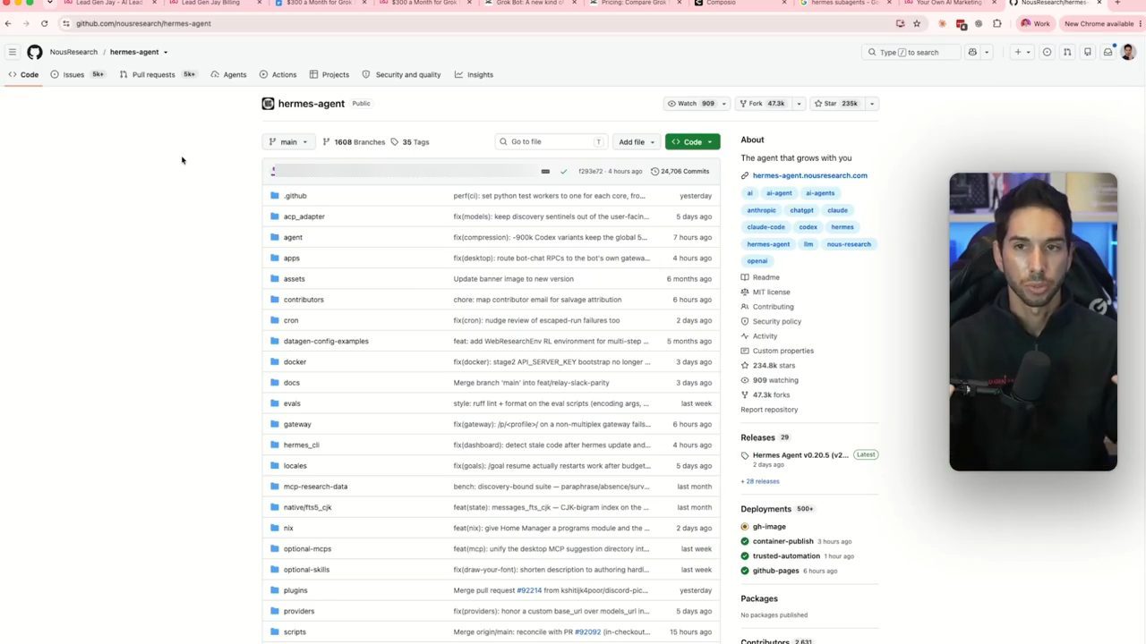 Trang GitHub của repo NousResearch hermes-agent với 235k sao và 47,3k fork