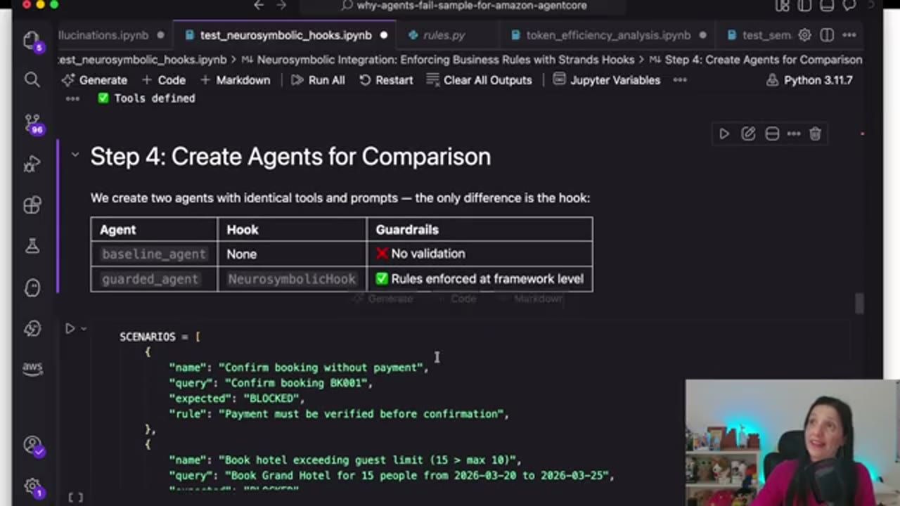 Step 4 Create Agents for Comparison: baseline_agent không hook, guarded_agent có NeurosymbolicHook, danh sách SCENARIOS