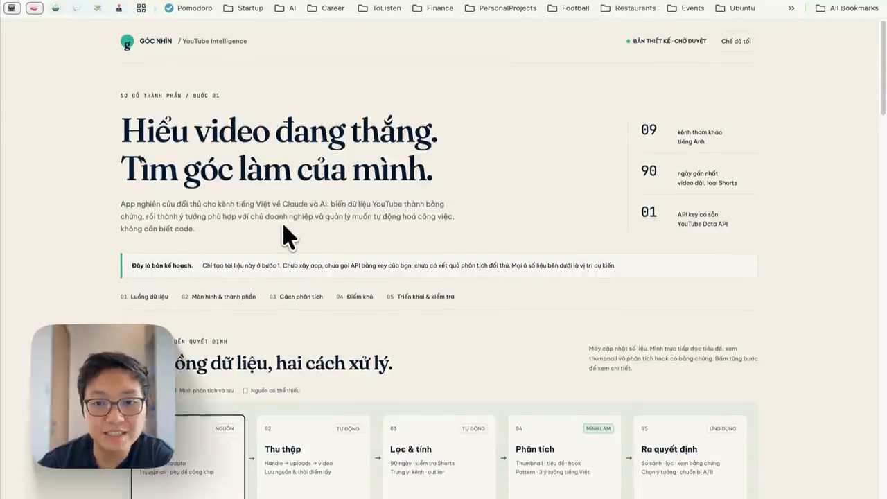 Bản kế hoạch nền sáng của ChatGPT: Góc Nhìn, YouTube Intelligence, tiêu đề Hiểu video đang thắng. Tìm góc làm của mình, cùng luồng năm bước YouTube, Thu thập, Lọc và tính, Phân tích, Ra quyết định