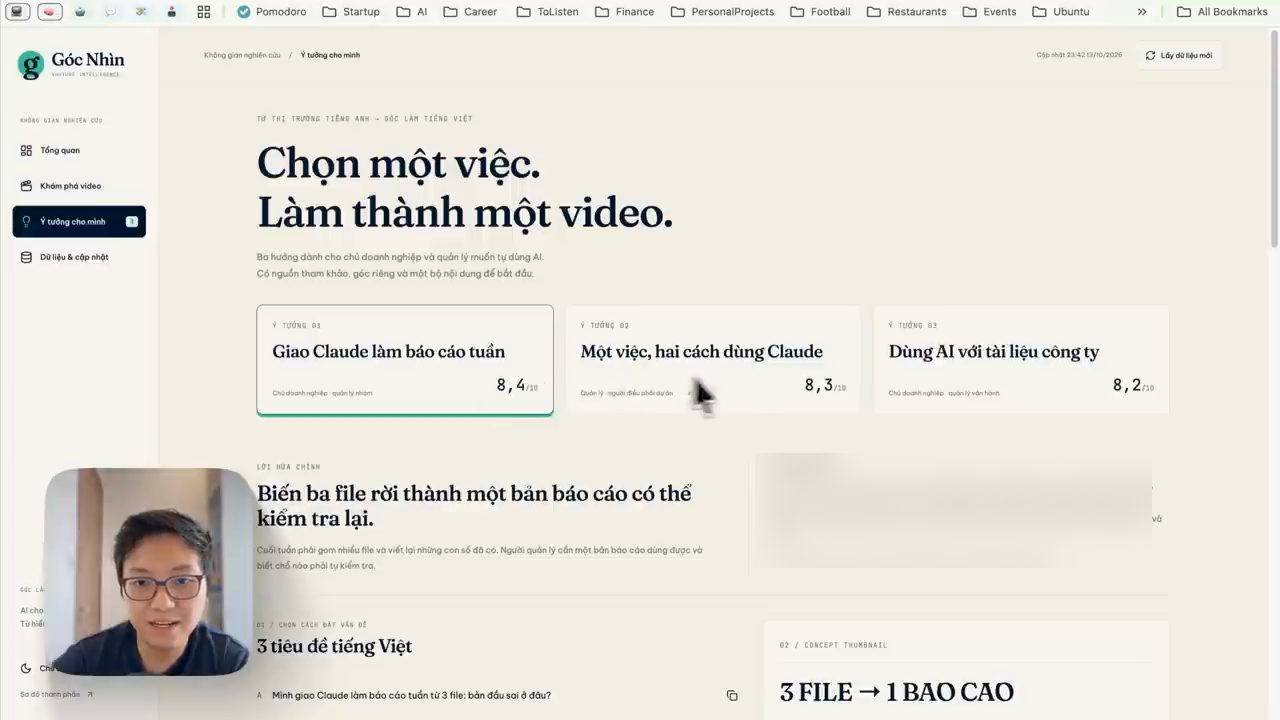 App Góc Nhìn của ChatGPT, trang Ý tưởng cho mình: Chọn một việc. Làm thành một video, ba thẻ ý tưởng 8,4, 8,3 và 8,2 trên 10