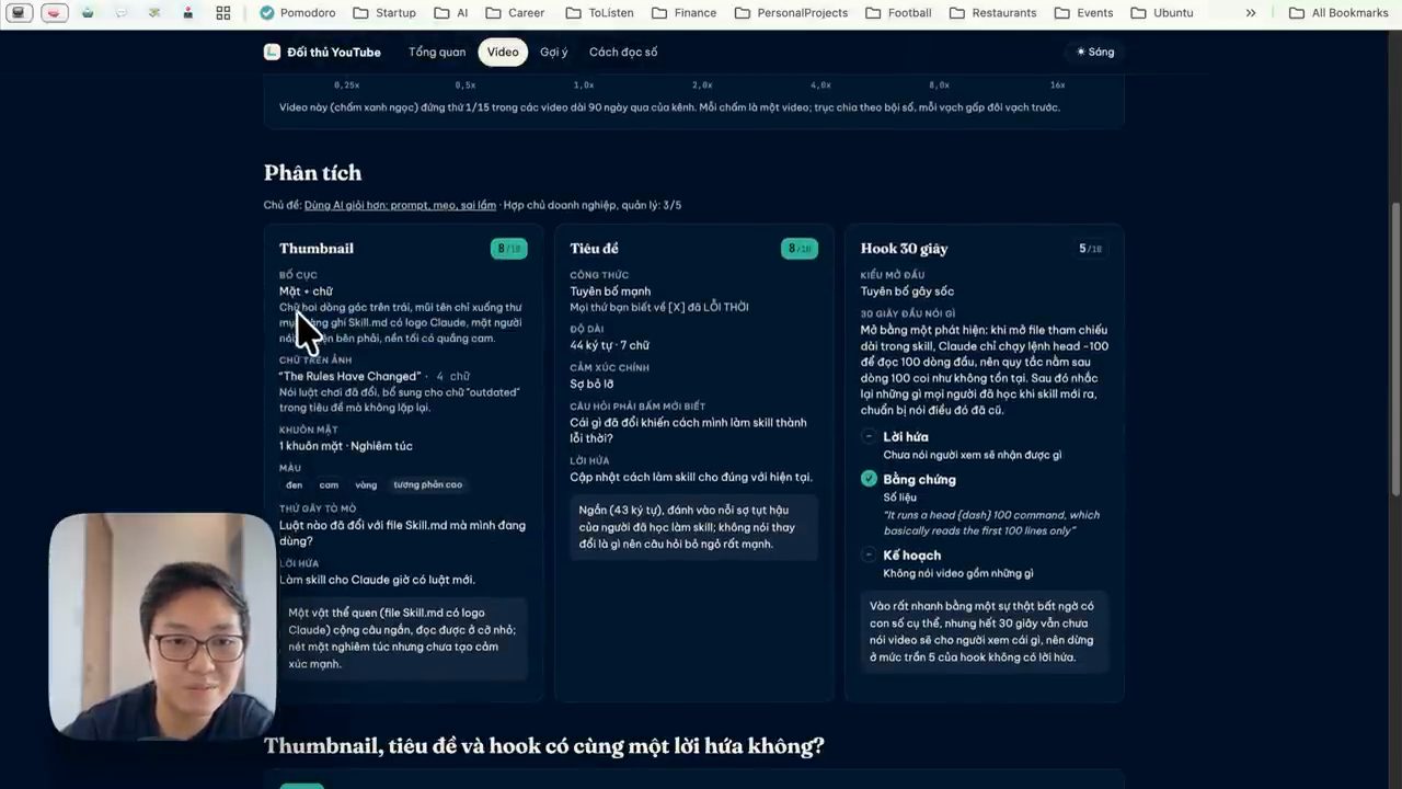 Phần Phân tích một video trong app của Claude: ba thẻ Thumbnail 8 trên 10, Tiêu đề 8 trên 10, Hook 30 giây 5 trên 10