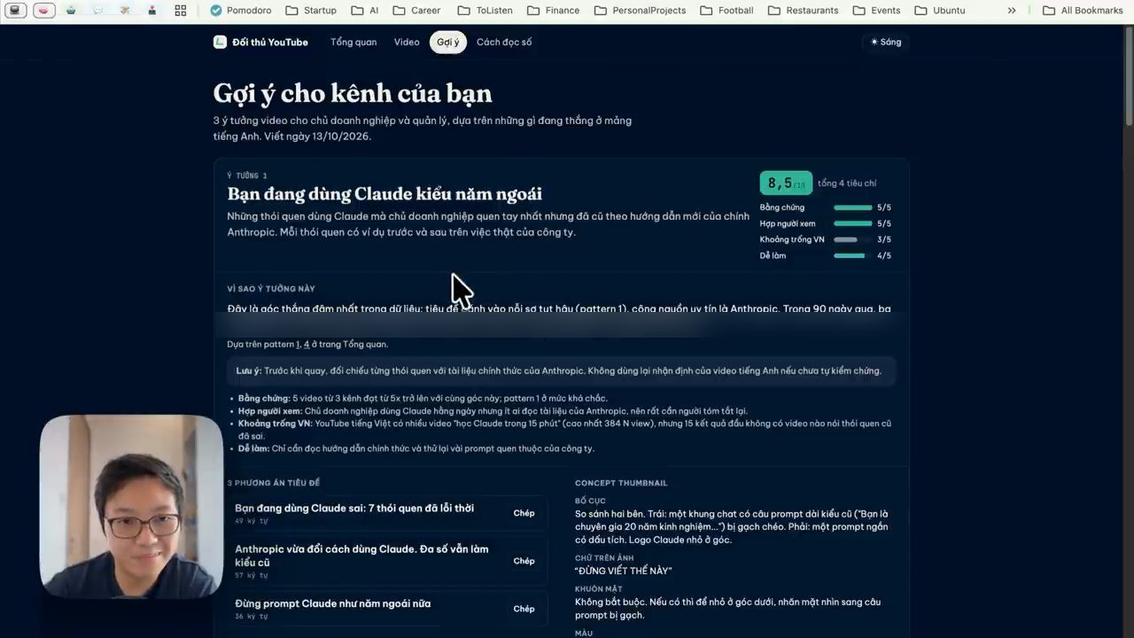 Trang Gợi ý cho kênh của bạn trong app của Claude: Ý tưởng 1 Bạn đang dùng Claude kiểu năm ngoái, điểm 8,5, ba phương án tiêu đề và concept thumbnail