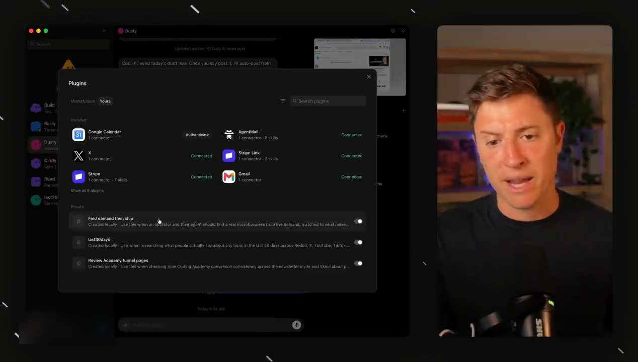 Cửa sổ Plugins, tab Yours, với các plugin đã cài và ba skill private