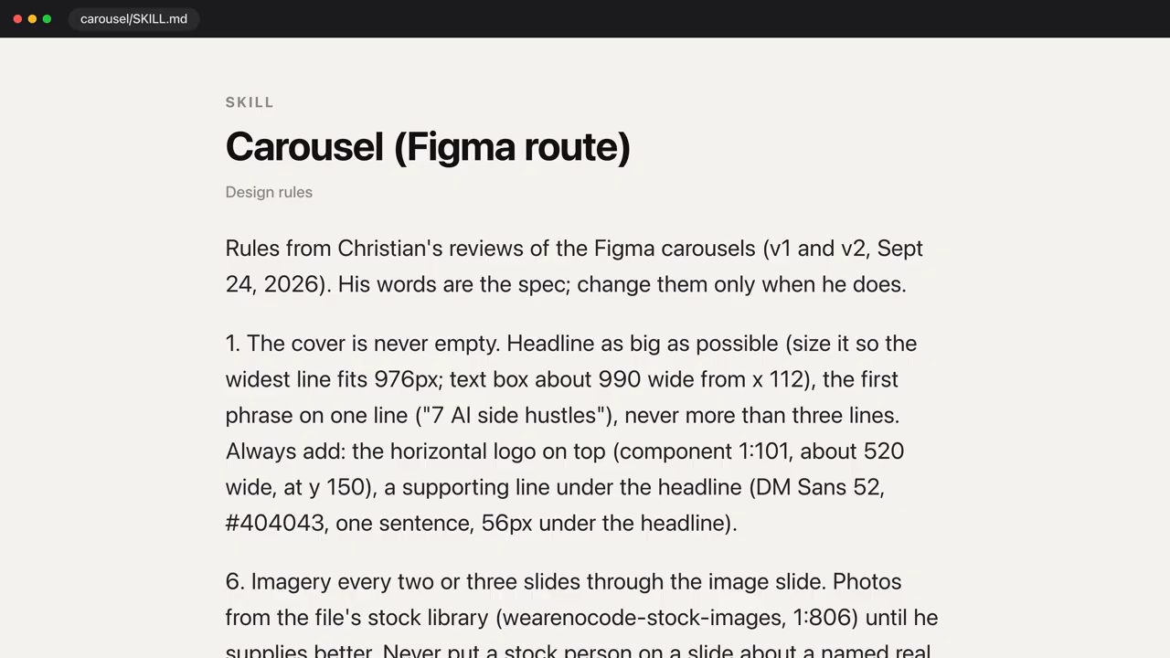 File carousel/SKILL.md với tiêu đề Carousel (Figma route), Design rules và các luật đánh số về cover, logo và ảnh