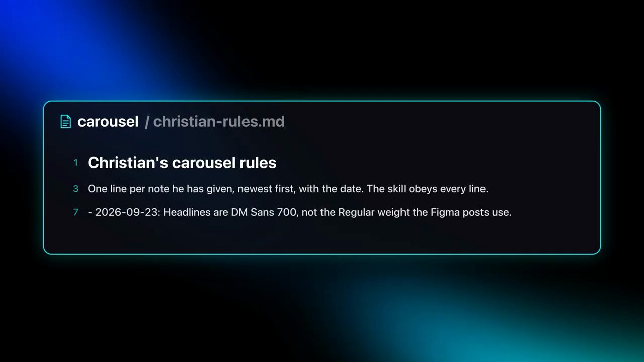 File carousel/christian-rules.md: Christian's carousel rules, mỗi feedback một dòng, mới nhất trước, kèm ngày