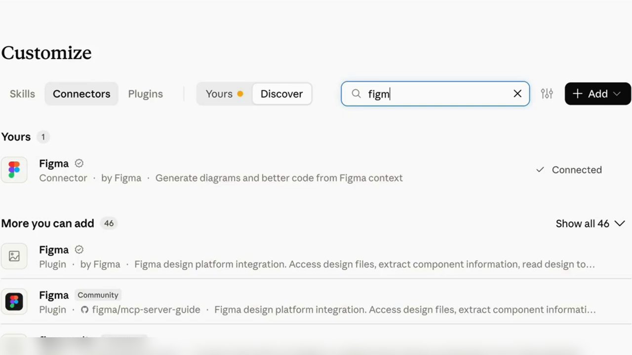 Màn hình Customize, tab Connectors, ô tìm kiếm gõ figm; Figma Connector by Figma ở trạng thái Connected