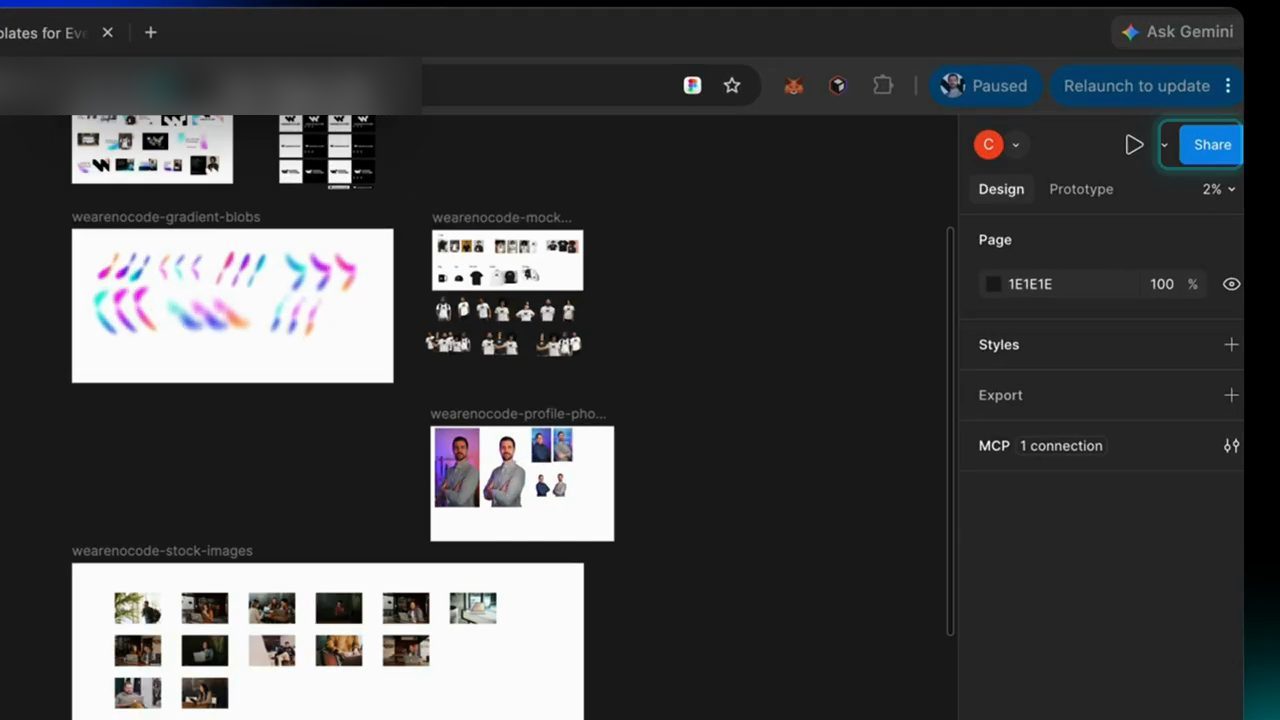 File Figma của Christian với các khung wearenocode-gradient-blobs, mockups, profile photos và stock images; bảng bên phải ghi MCP 1 connection