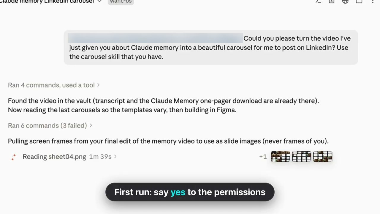 Phiên Claude Code với lời nhắn kèm link video, Claude báo đã tìm thấy video trong vault và đang lấy khung hình làm ảnh slide