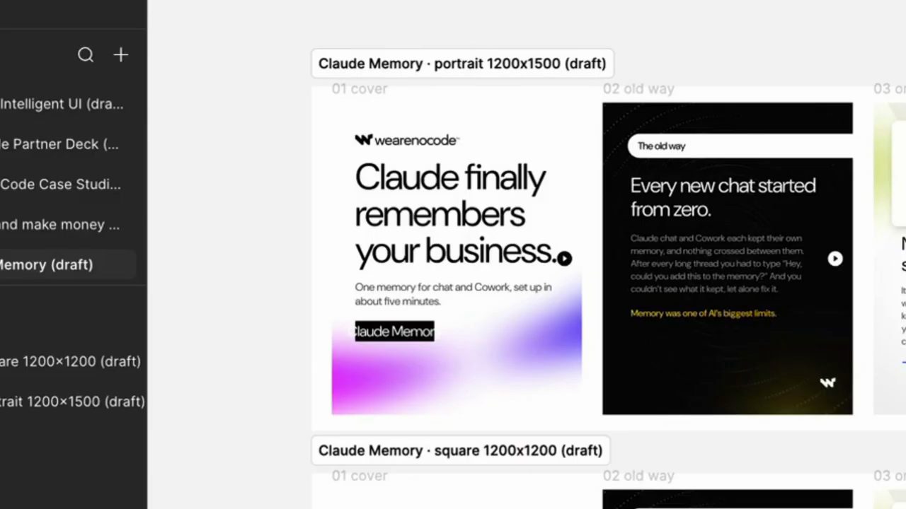 Bản nháp Claude Memory portrait 1200x1500 trong Figma: cover Claude finally remembers your business và slide The old way