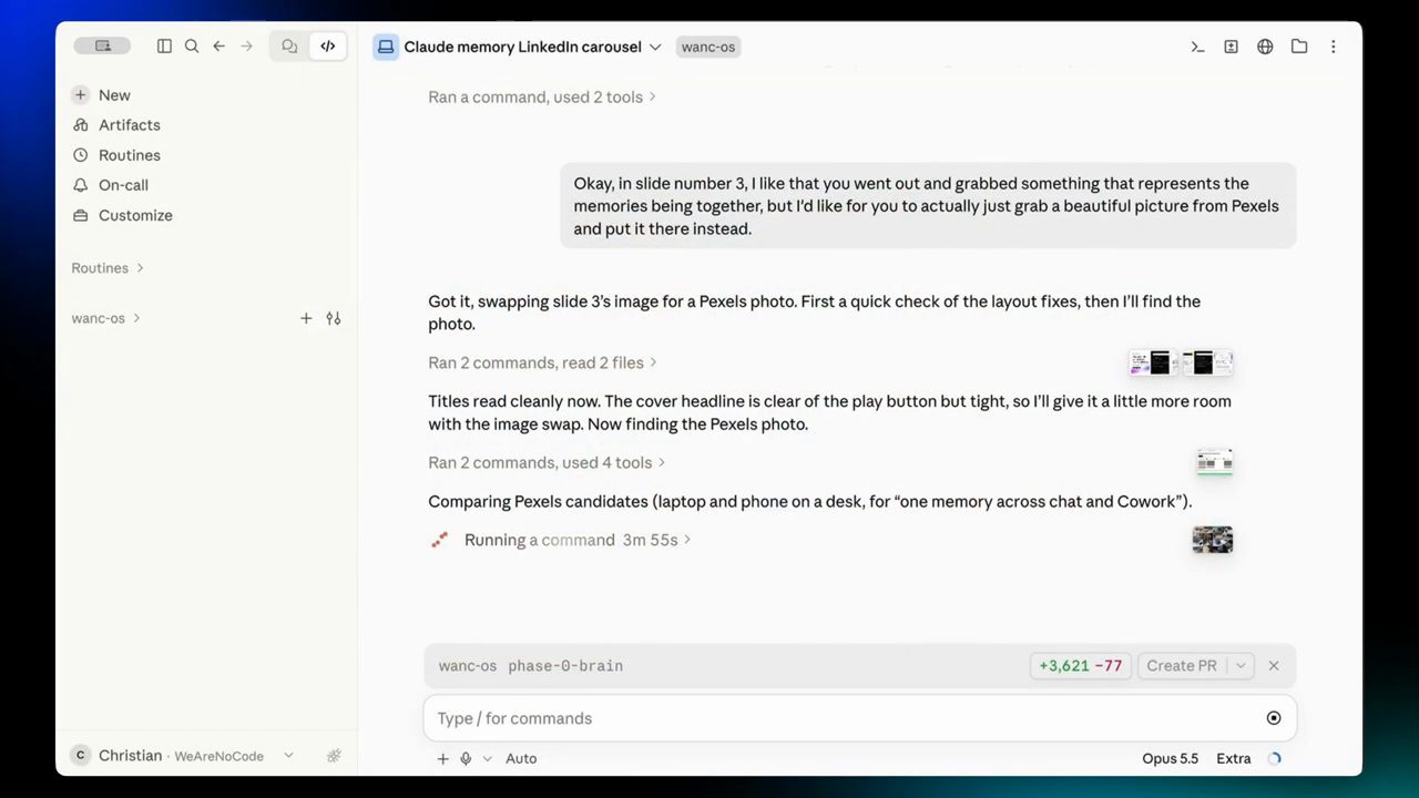 Phiên Claude Code tên Claude memory LinkedIn carousel: lời nhắn đổi ảnh slide 3, Claude trả lời đang đổi sang ảnh Pexels và so sánh các ứng viên