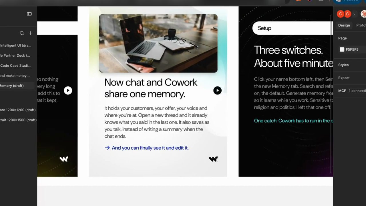 Slide 3 trong Figma sau khi sửa: ảnh laptop, điện thoại và sổ tay trên bàn cạnh cửa sổ, headline Now chat and Cowork share one memory