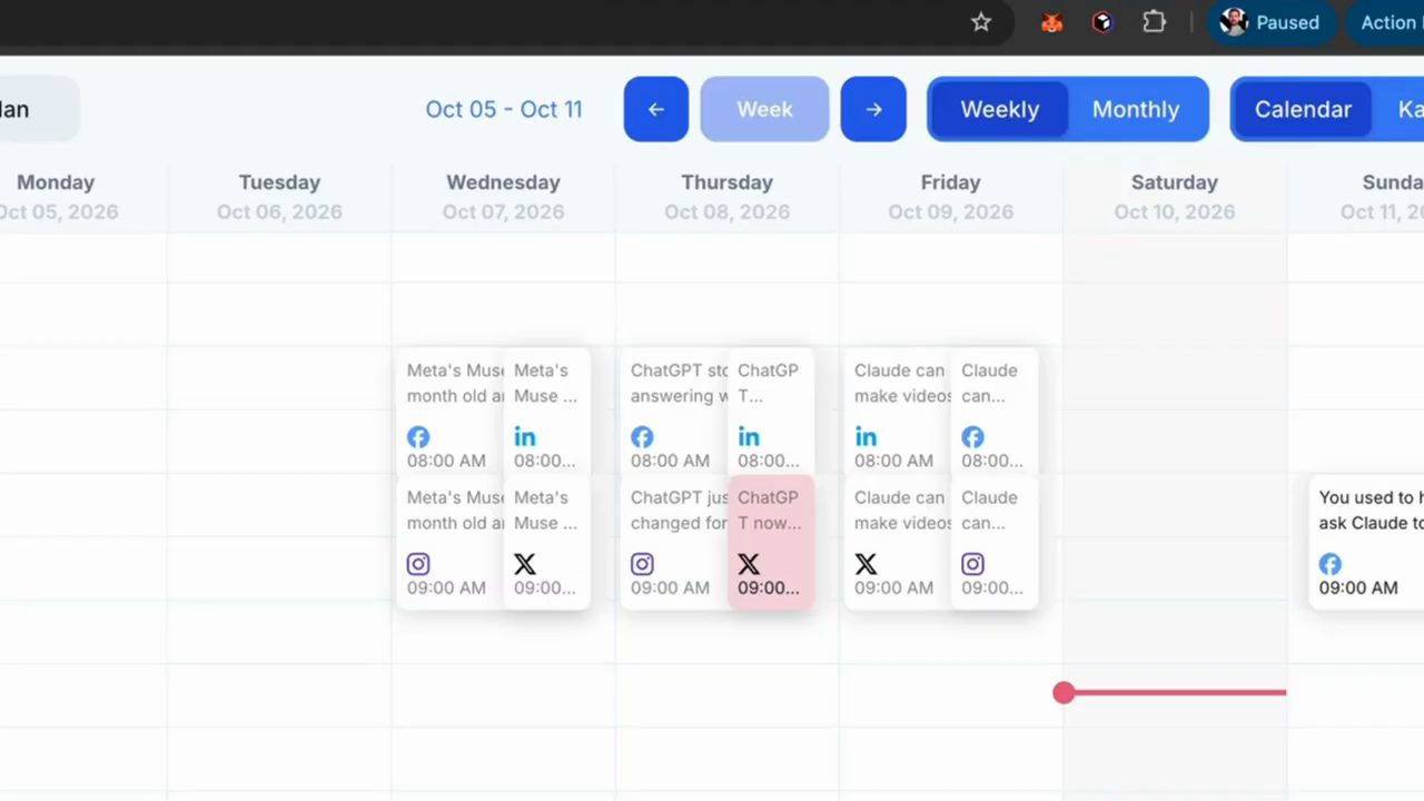 Lịch tuần Oct 05 đến Oct 11, 2026 trong FeedHive với các bài đăng Facebook, LinkedIn, Instagram, X lúc 8 giờ và 9 giờ sáng