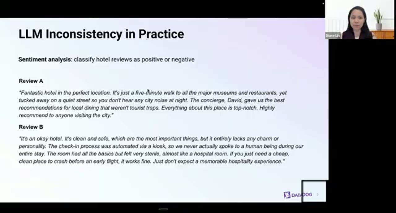 Slide LLM Inconsistency in Practice với hai review khách sạn A và B