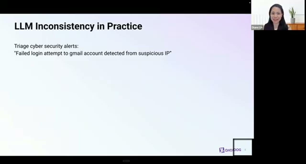 Slide LLM Inconsistency in Practice với alert Failed login attempt to gmail account detected from suspicious IP