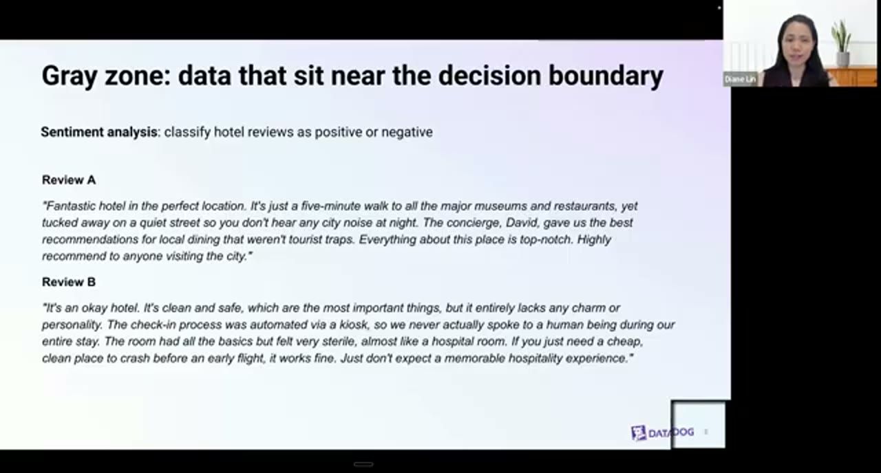 Slide Gray zone: data that sit near the decision boundary, với lại hai review A và B