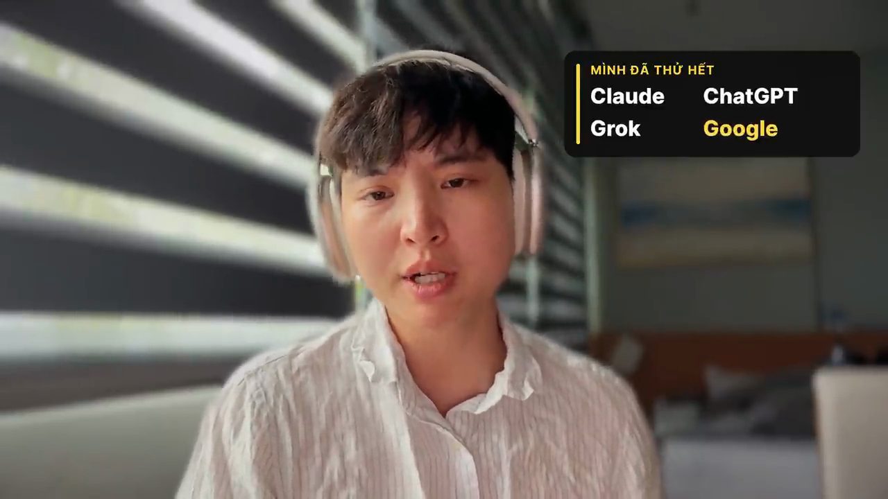 Tam Nguyen nói trước camera, thẻ chú thích bên phải ghi: Mình đã thử hết Claude, ChatGPT, Grok, Google