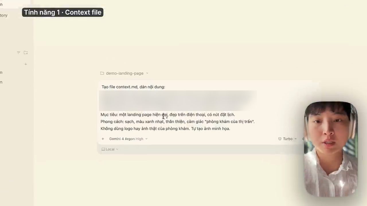 Ô chat Antigravity trong folder demo-landing-page với prompt tạo file context.md, model Gemini 4 Argon High, chế độ Turbo