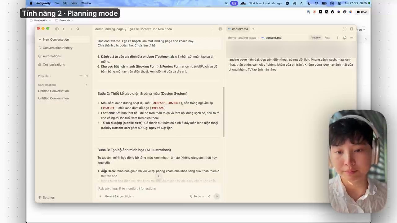 Antigravity hiển thị kế hoạch nhiều bước cho landing page bên trái và file context.md bên phải