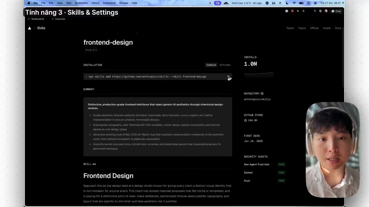 Trang skill frontend-design với lệnh cài npx skills add, số lượt cài 1.0M và repository anthropics/skills