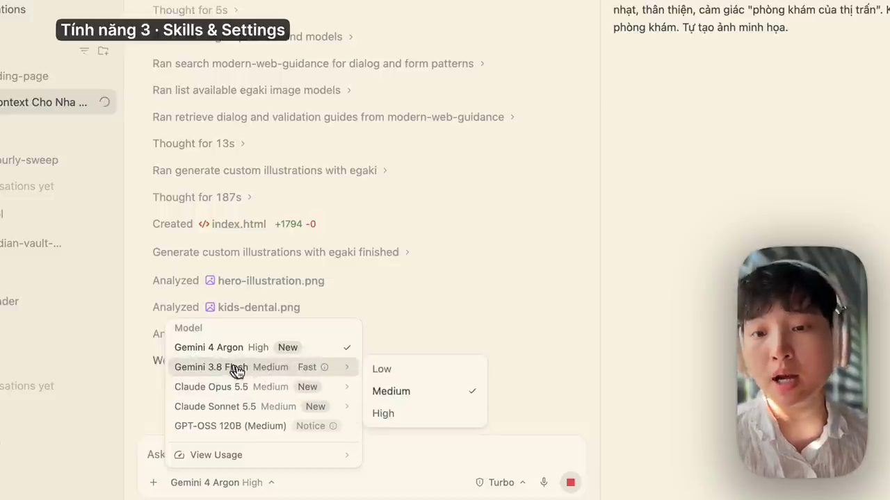 Menu chọn model trong Antigravity: Gemini 4 Argon, Gemini 3.8 Flash với các mức Low, Medium, High, Claude Opus 5.5, Claude Sonnet 5.5, GPT-OSS 120B