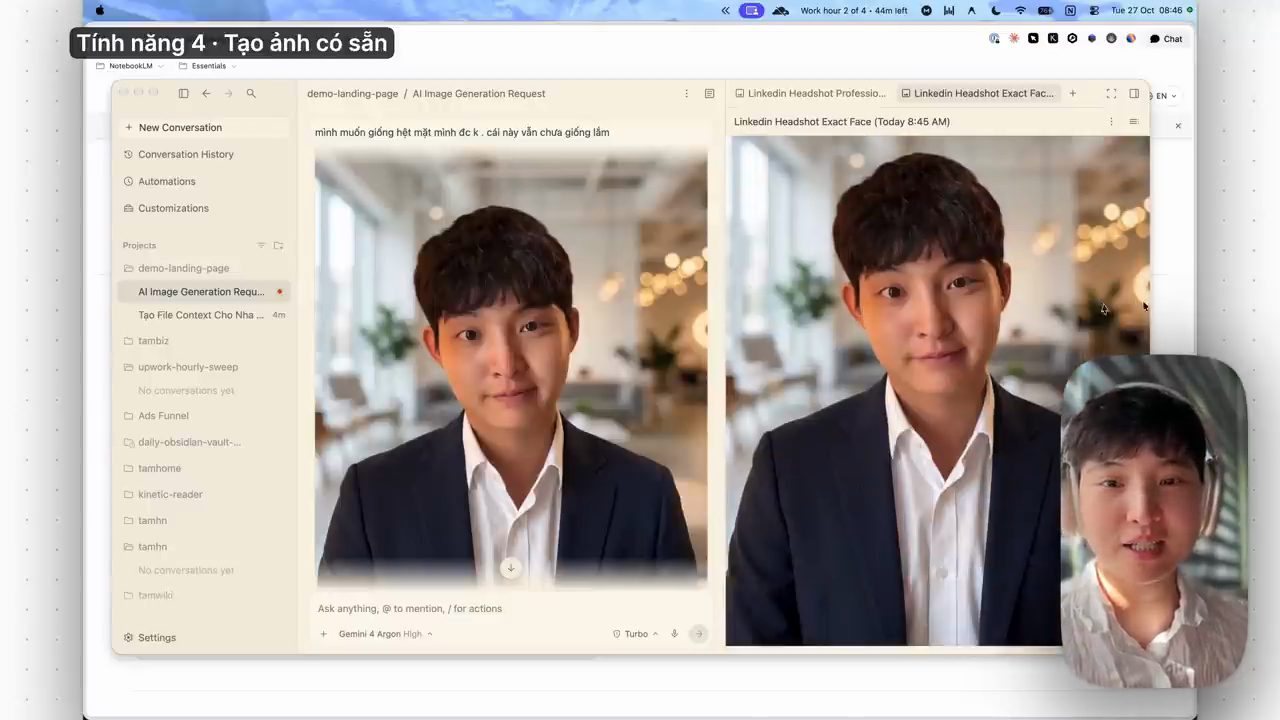 Antigravity hiển thị ảnh chân dung LinkedIn thứ hai, bên phải là tab Linkedin Headshot Exact Face
