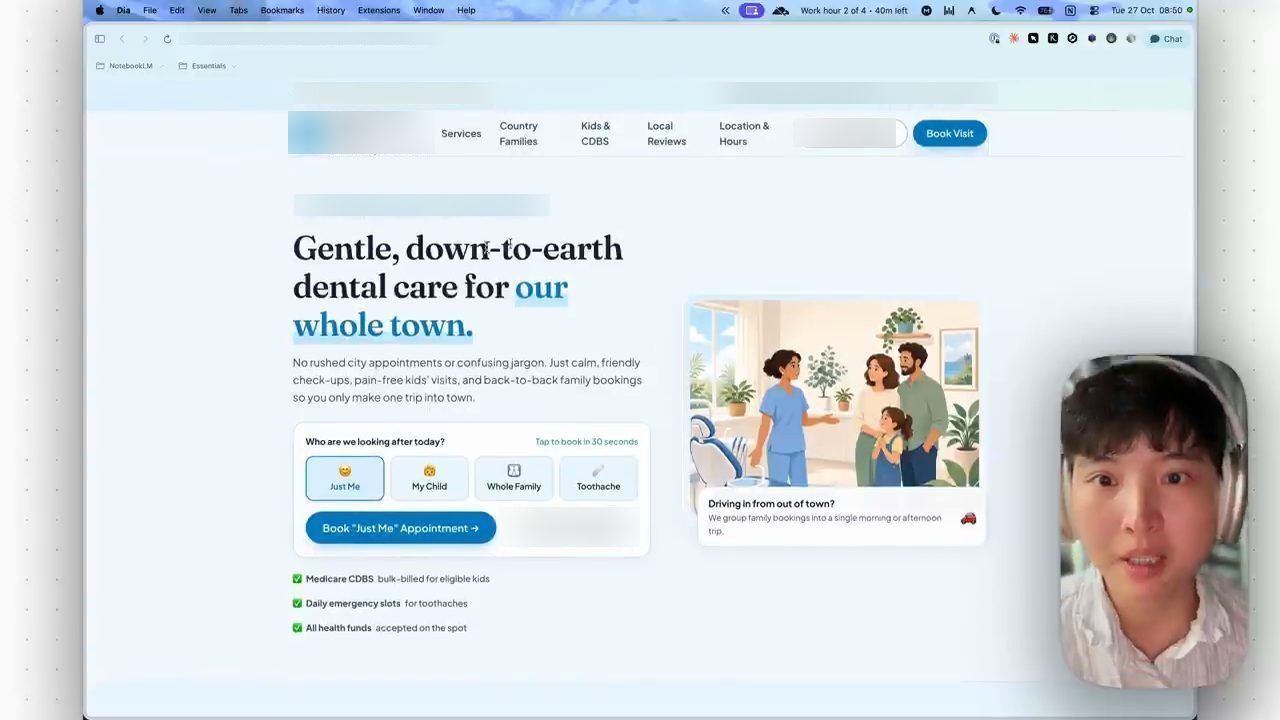 Bản landing page đầu tiên agent tạo cho phòng khám nha khoa, tiêu đề Gentle, down-to-earth dental care for our whole town