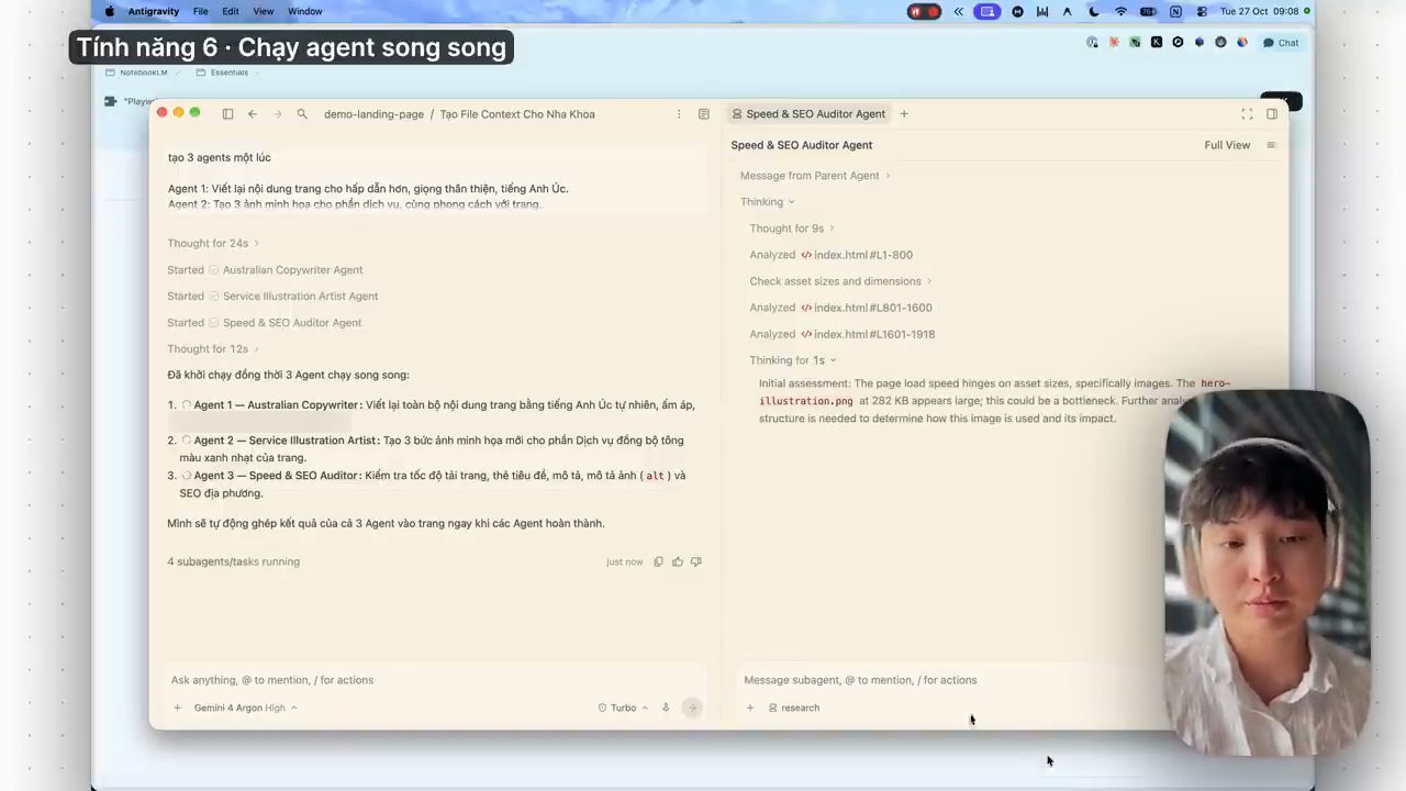 Chat chính đã khởi động ba agent song song, bên phải là cửa sổ của Speed & SEO Auditor Agent