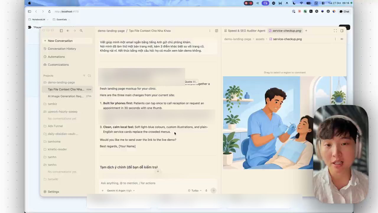 Email tiếng Anh agent soạn để gửi phòng khám, bên phải là ảnh minh hoạ nha sĩ đang khám cho bệnh nhân
