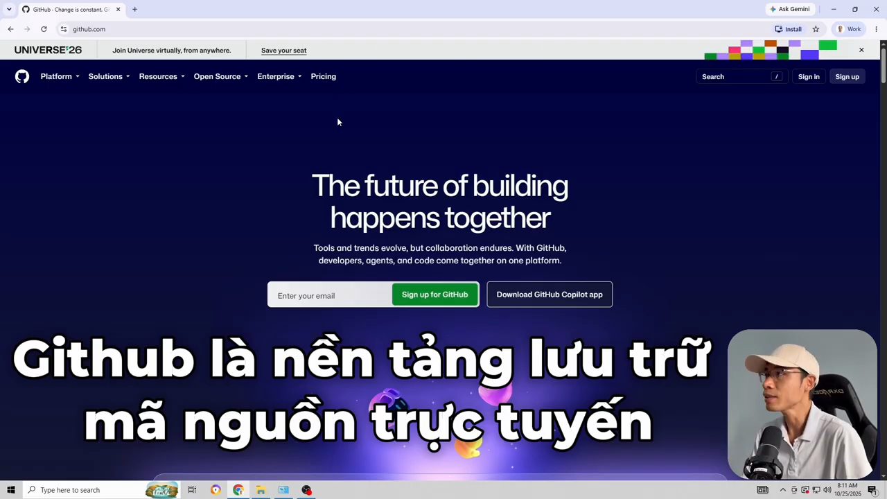 Trang chủ github.com với dòng chữ The future of building happens together và thẻ chú thích Github là nền tảng lưu trữ mã nguồn trực tuyến