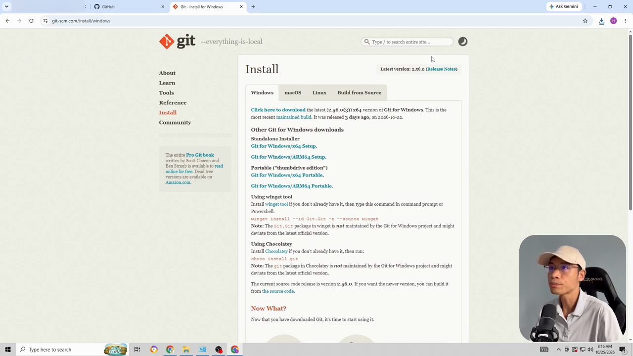 Trang Install của git-scm.com, thẻ Windows, với link Click here to download và danh sách các bản cài khác