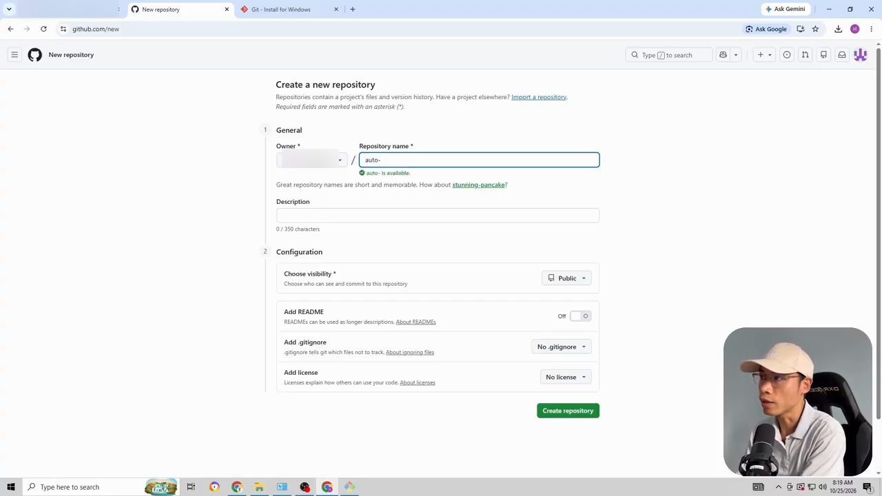 Trang Create a new repository của GitHub với ô Repository name, phần Description và phần Configuration