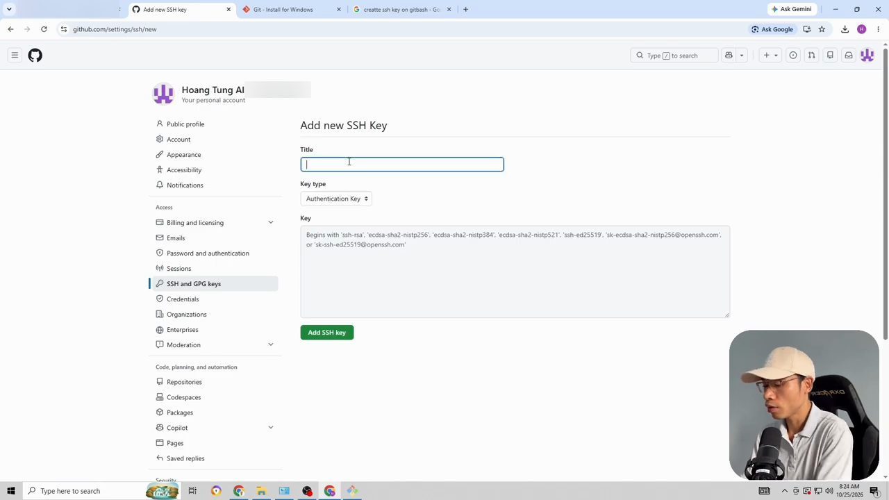 Trang Add new SSH Key trong Settings của GitHub, có ô Title, Key type và ô Key, nút Add SSH key