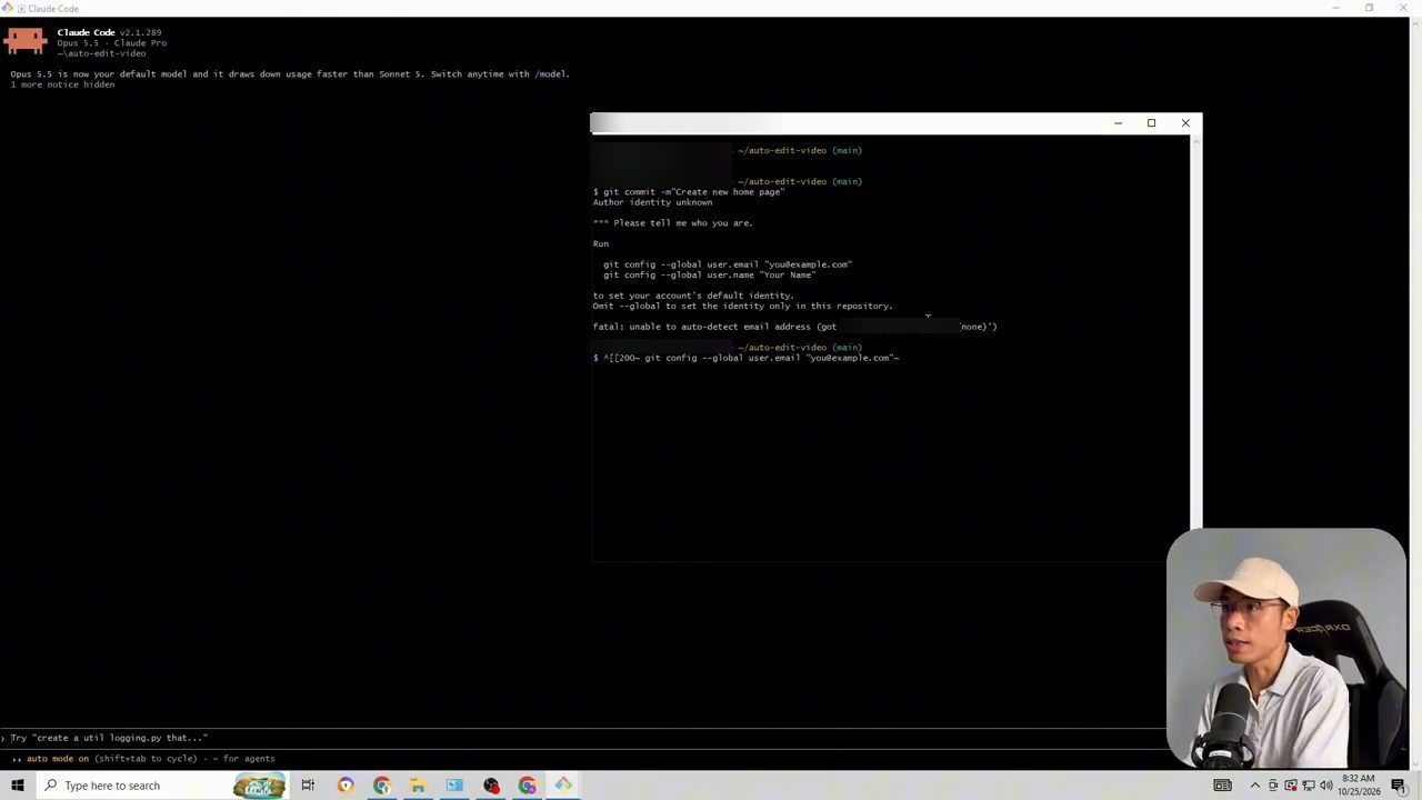 Cửa sổ Git Bash nằm trên Claude Code: git add --all, git commit, lỗi Author identity unknown và gợi ý lệnh git config