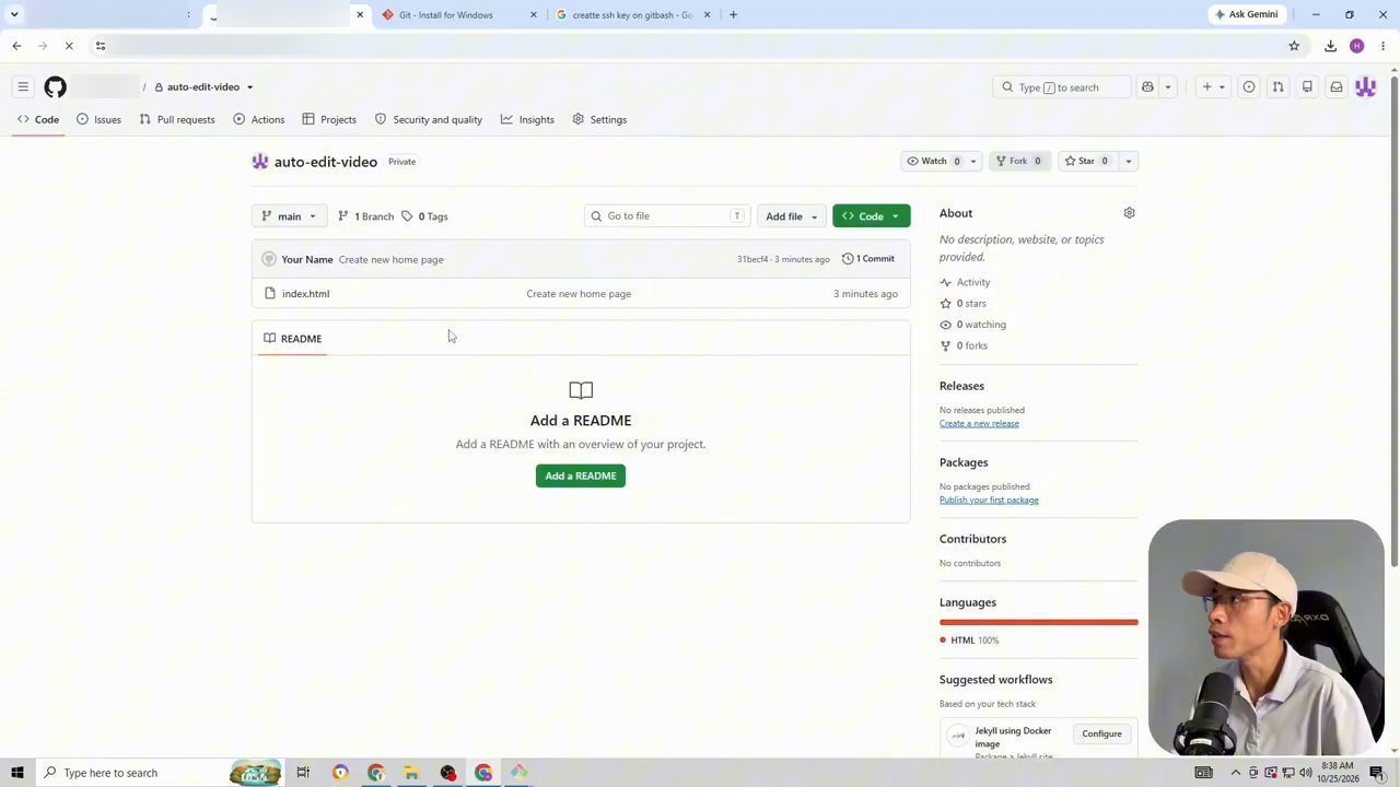 Trang repository auto-edit-video trên GitHub, nhánh main, 1 Branch, file index.html với commit Create new home page