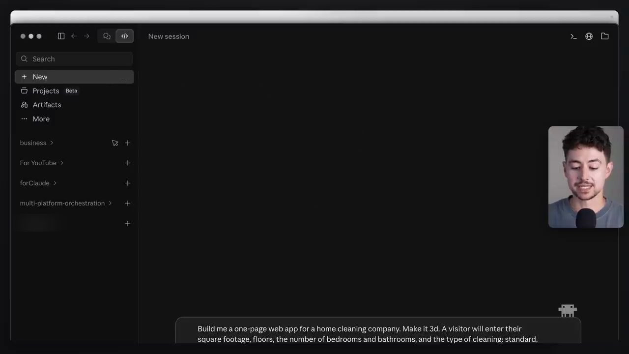 Claude Code với New session và prompt build web app cho công ty dọn nhà