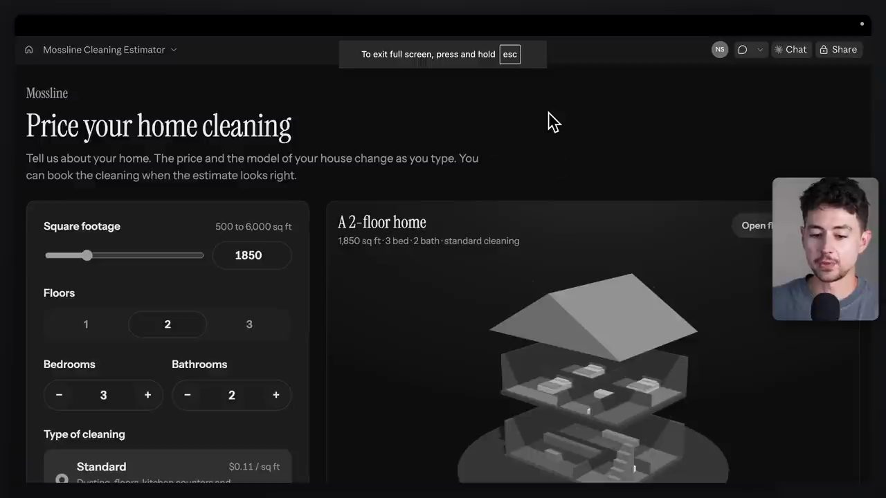 Trang Price your home cleaning với thanh trượt diện tích và mô hình nhà 3D