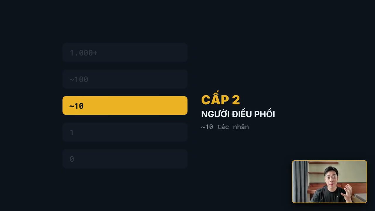 Thang 5 cấp với dòng ~10 được tô vàng, nhãn Cấp 2 Người điều phối