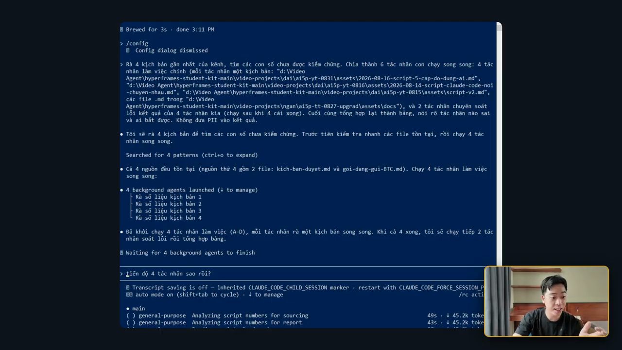 Claude Code khởi chạy 4 background agents Rà số liệu kịch bản 1 đến 4
