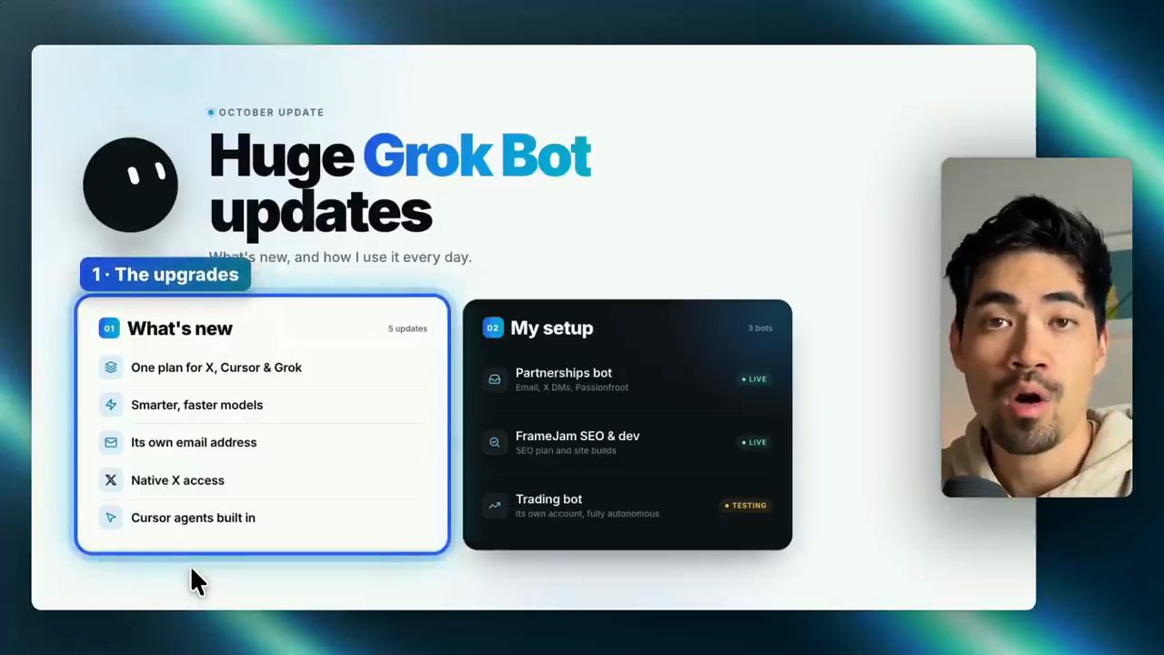 Slide Huge Grok Bot updates với hai thẻ What's new và My setup, Moritz ở bên phải
