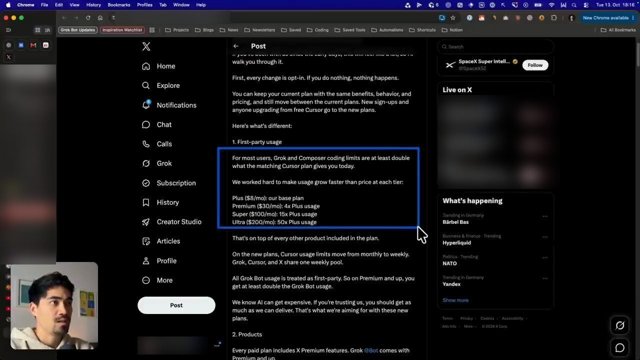 Post của Matt Palmer trên X, đoạn về coding limits được khoanh xanh