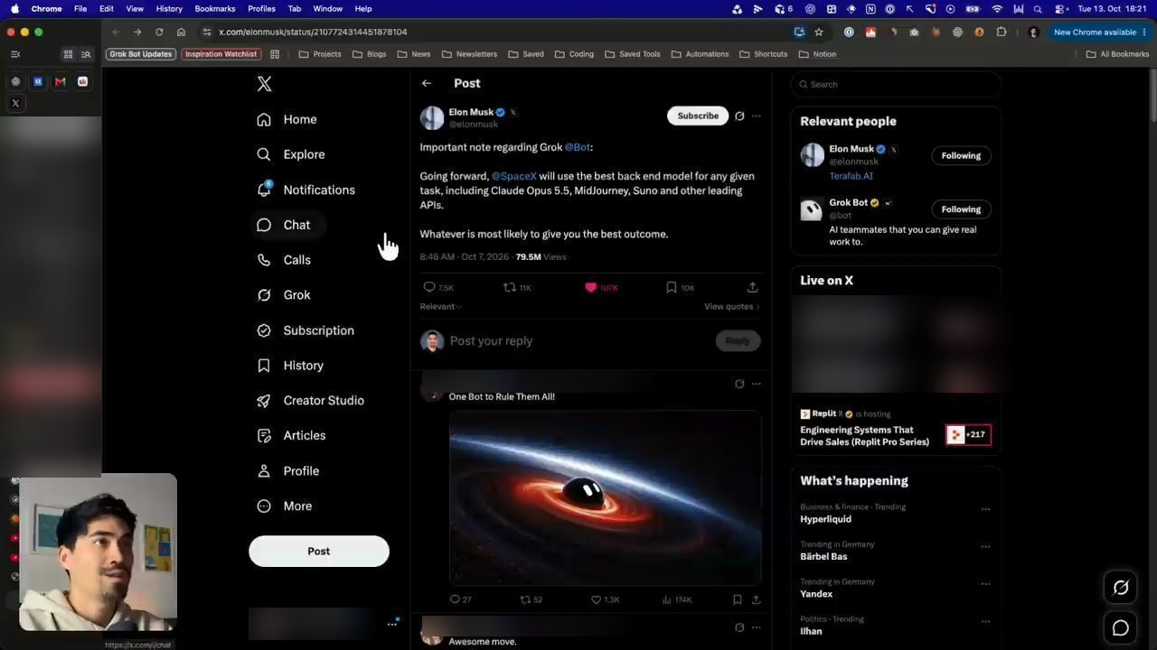 Post của Elon Musk về việc Grok Bot dùng model backend tốt nhất cho từng việc